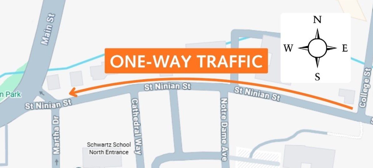 Map showing path of west bound one-way traffic section along St. Ninian Street. Map AT OneWay