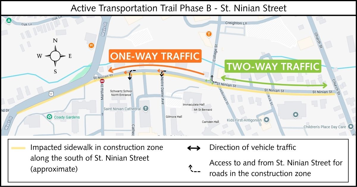 Map showing traffic and pedestrian impacts along St. Ninian Street.