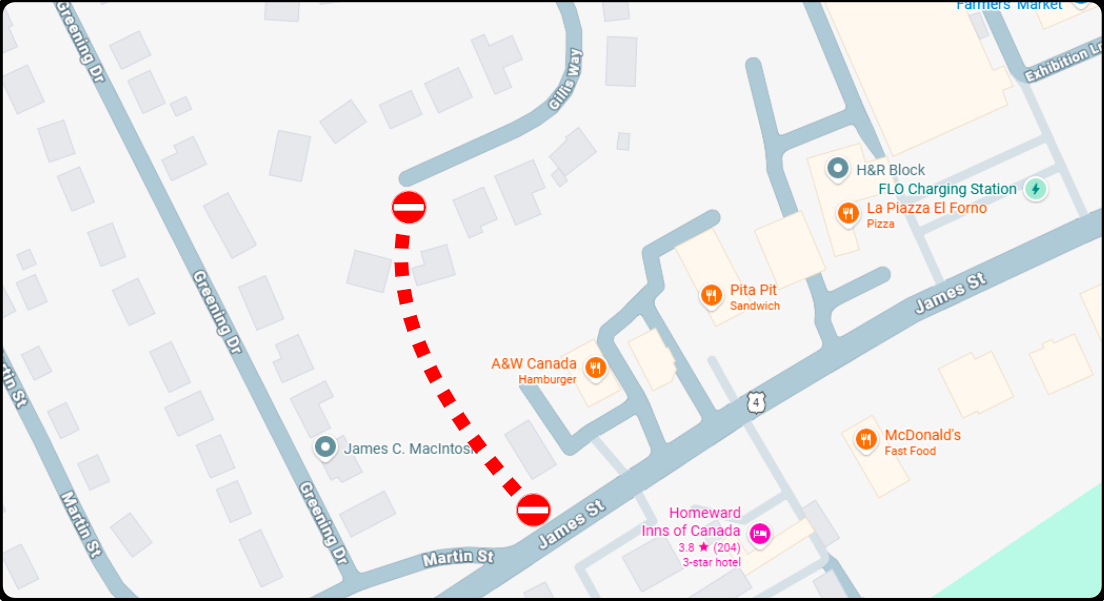 Map showing the closed route of the footpath or pathway from the cul-de-sac at the end of Gillis Way to James Street commercial district in Antigonish, Nova Scotia
