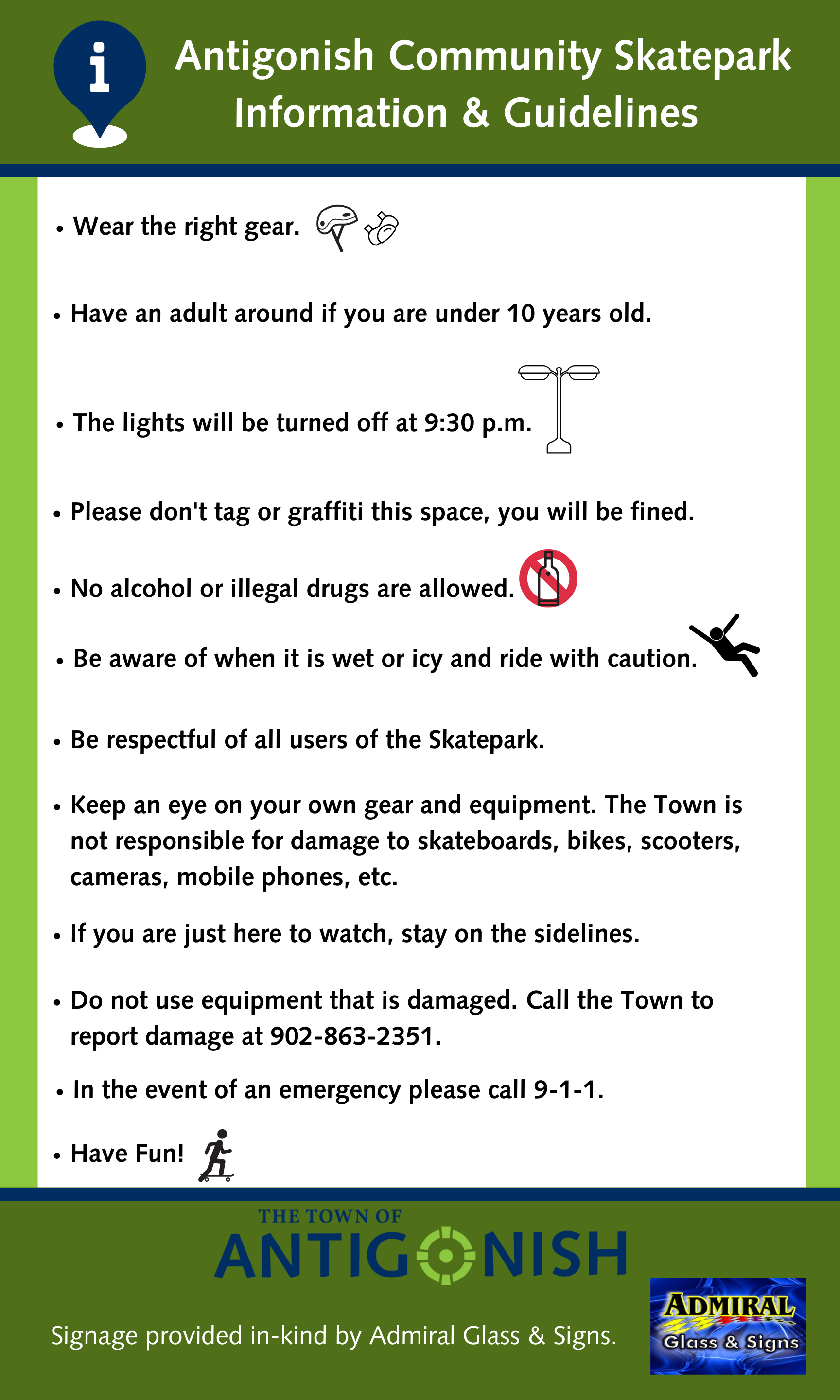 Skatepark Rules and Regulations Sign. Downloadable PDF link is below.