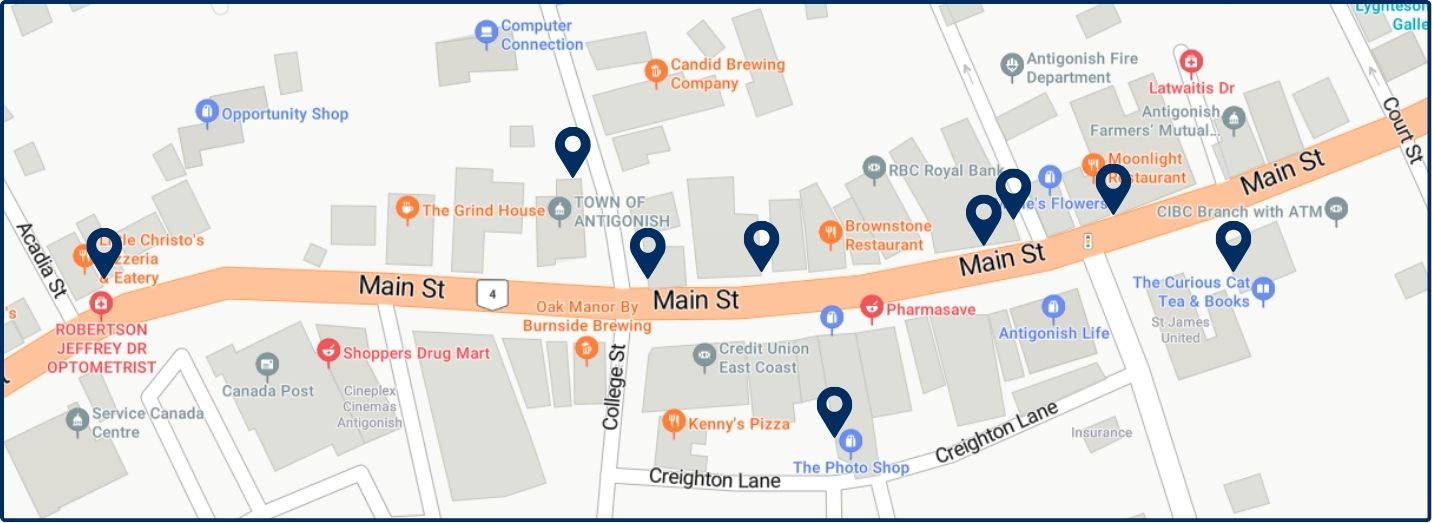 Main Street Antigonish showing locations of town murals Main Street Antigonish showing locations of town murals